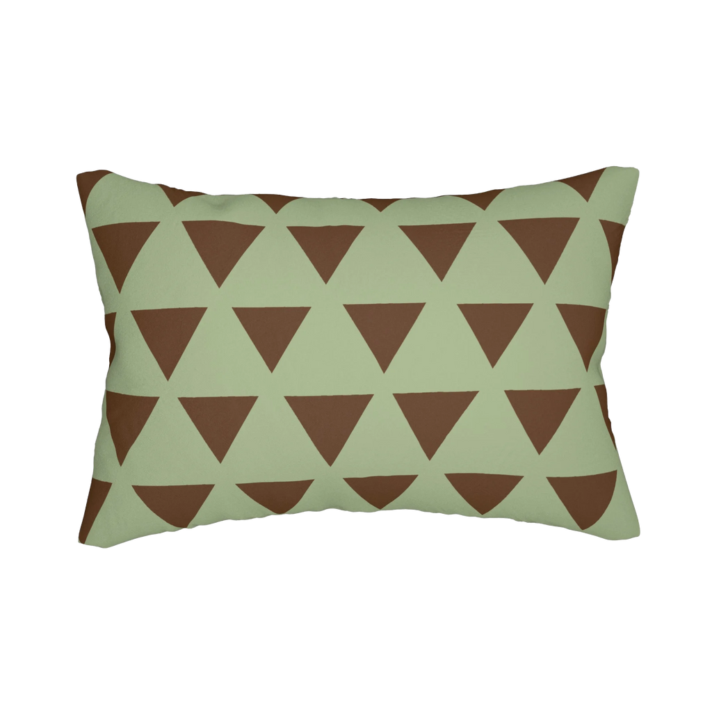 Sage chocolate triangle pattern lumbar pillow, front view.