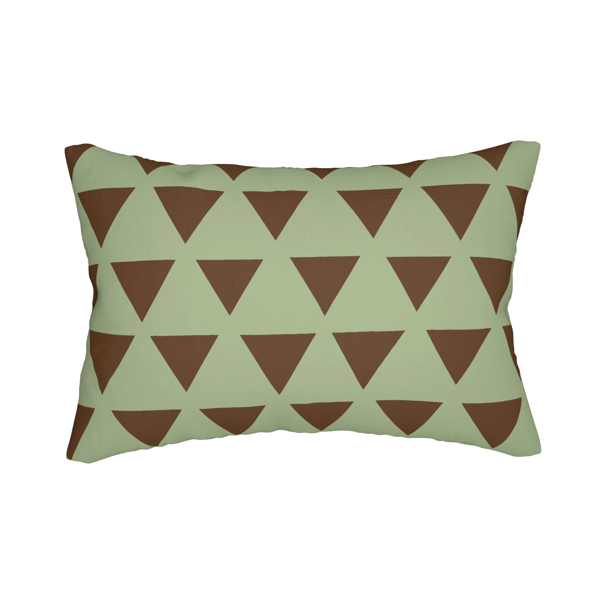 Sage chocolate triangle pattern lumbar pillow, front view.