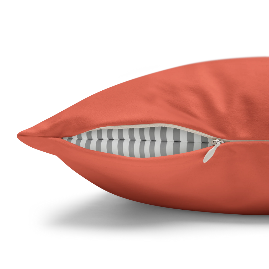 Salmon red faux suede pillowcase, zipper view.