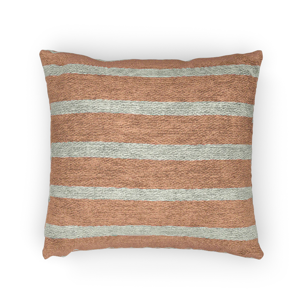 A horizontal view of the Boho Salmon Red Ivory Pinstripe Woven Pillow showing a salmon red background and ivory grey pinstripes.