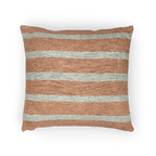 A horizontal view of the Boho Salmon Red Ivory Pinstripe Woven Pillow showing a salmon red background and ivory grey pinstripes.