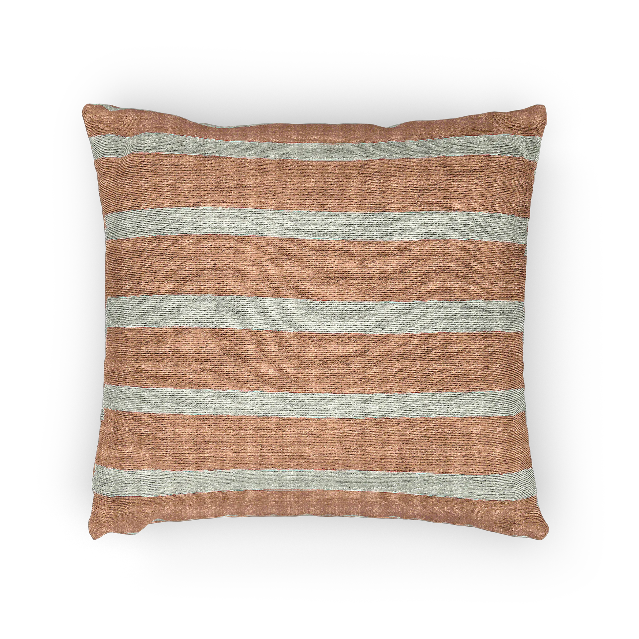 A horizontal view of the Boho Salmon Red Ivory Pinstripe Woven Pillow showing a salmon red background and ivory grey pinstripes.