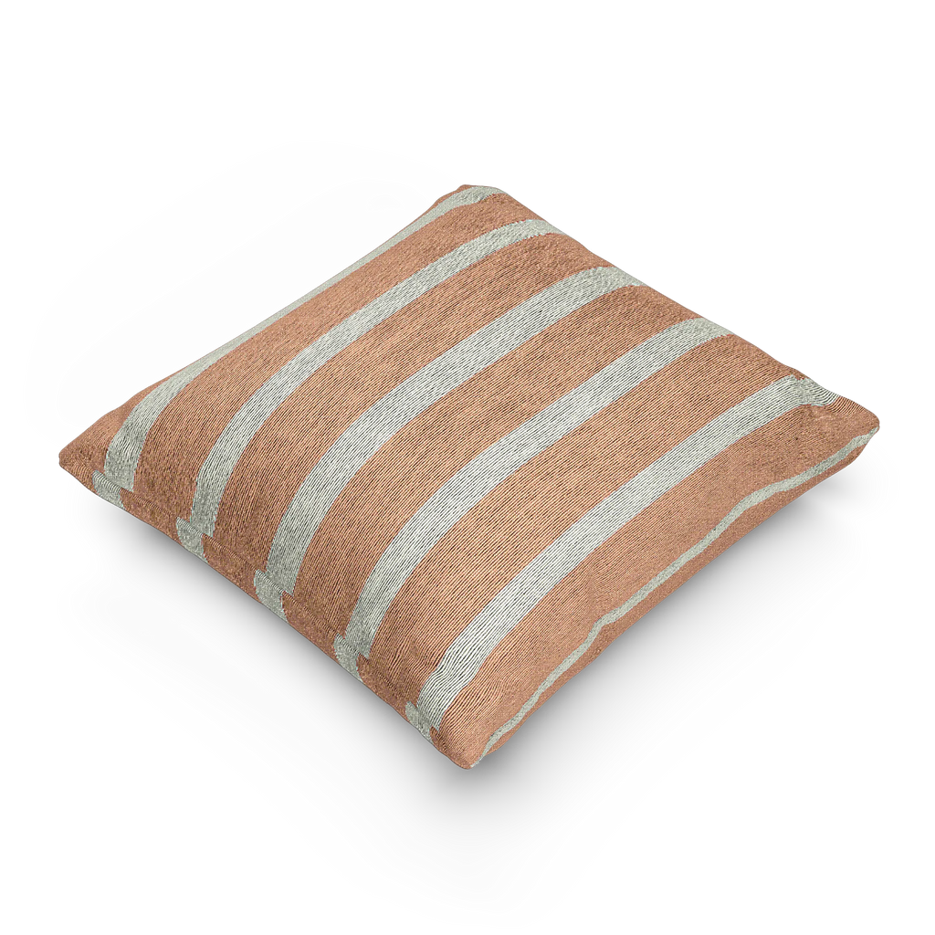 A side view of the Boho Salmon Red Ivory Pinstripe Woven Pillow showing a salmon red background and ivory grey pinstripes.