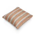 A side view of the Boho Salmon Red Ivory Pinstripe Woven Pillow showing a salmon red background and ivory grey pinstripes.