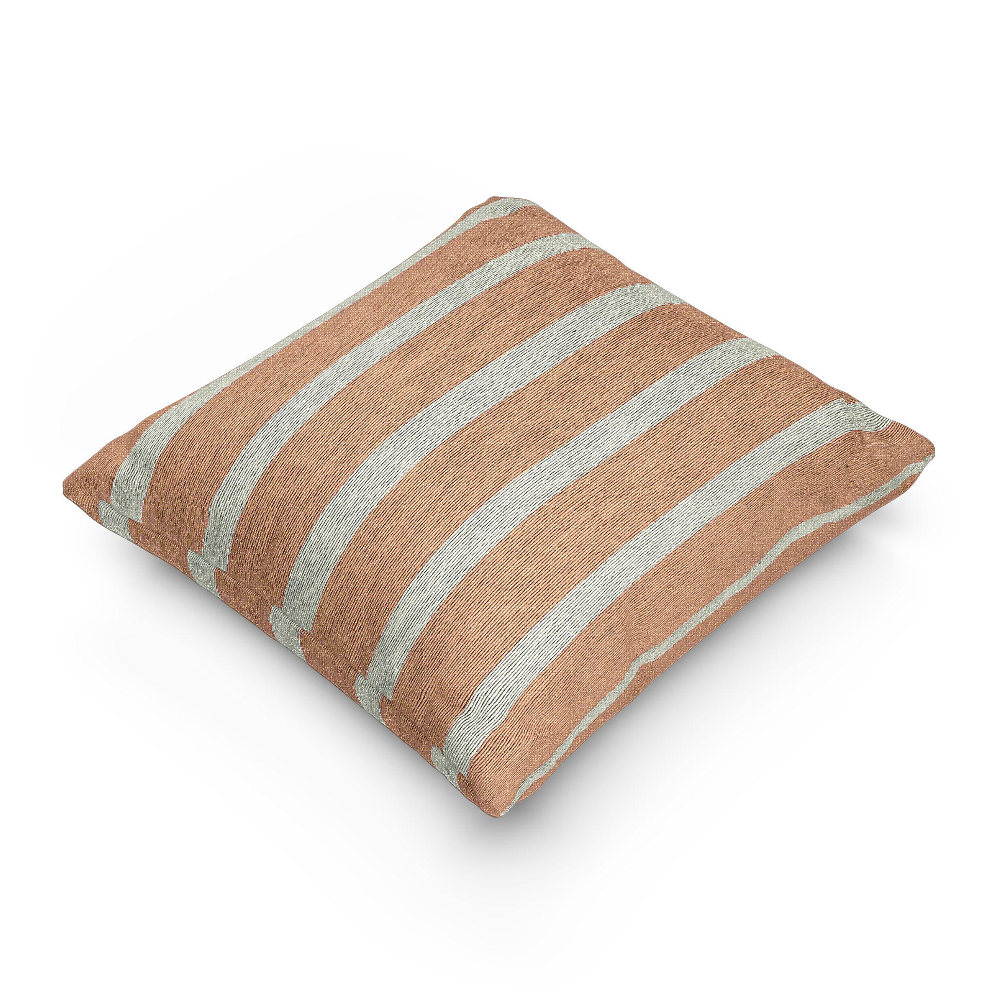 A side view of the Boho Salmon Red Ivory Pinstripe Woven Pillow showing a salmon red background and ivory grey pinstripes.