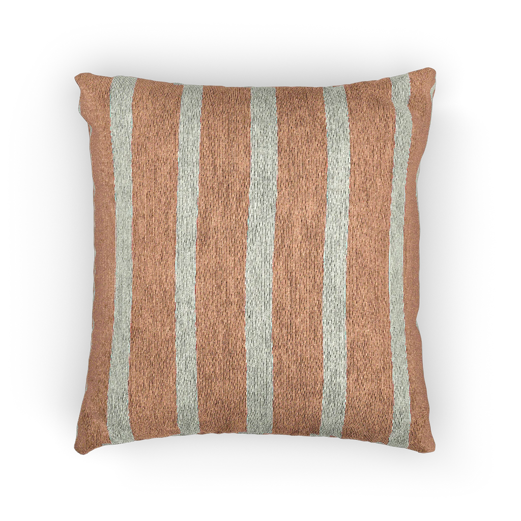 A back view of the Boho Salmon Red Ivory Pinstripe Woven Pillow showing a salmon red background and ivory grey pinstripes.