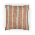 A back view of the Boho Salmon Red Ivory Pinstripe Woven Pillow showing a salmon red background and ivory grey pinstripes.