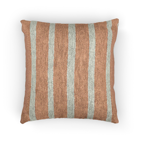 A back view of the Boho Salmon Red Ivory Pinstripe Woven Pillow showing a salmon red background and ivory grey pinstripes.