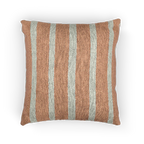 A front view of the Boho Salmon Red Ivory Pinstripe Woven Pillow showing a salmon red background and ivory grey pinstripes.