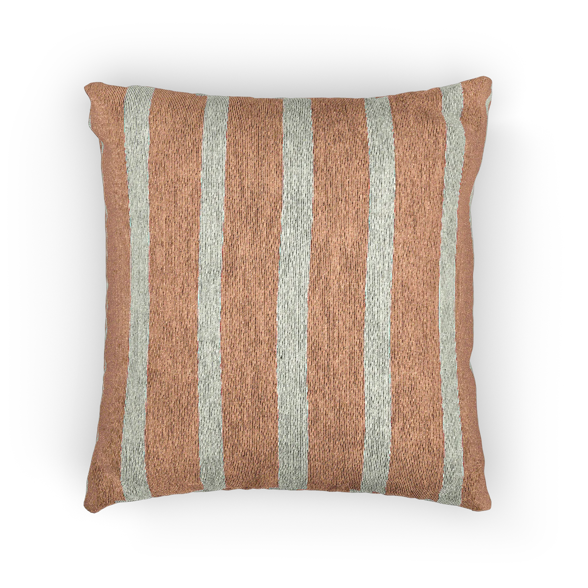 A front view of the Boho Salmon Red Ivory Pinstripe Woven Pillow showing a salmon red background and ivory grey pinstripes.