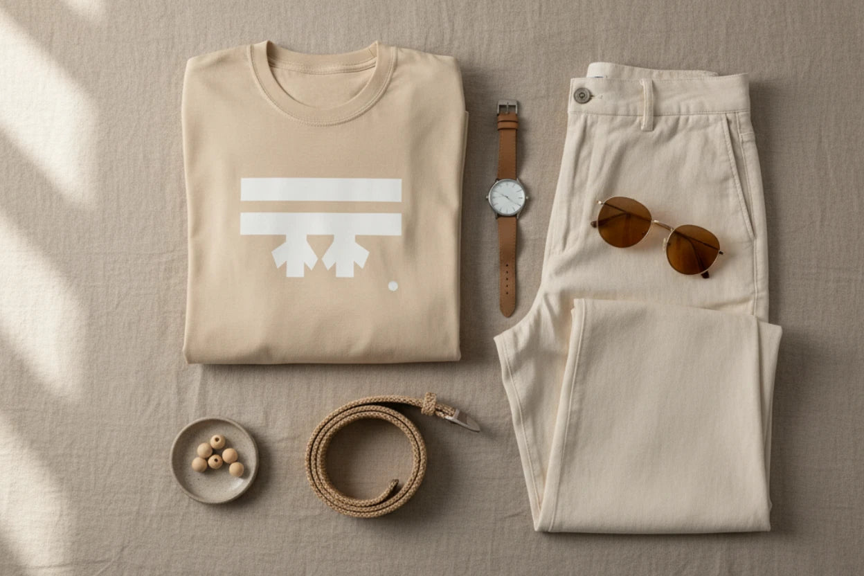 A summer lifestyle bird’s-eye lay of the Freebrd Logo Classic T-Shirt in sand that has a white Freebrd Logo on the chest, brown shade sunglasses, a classic watch, cream jeans, belt and beads on a small tea plate.