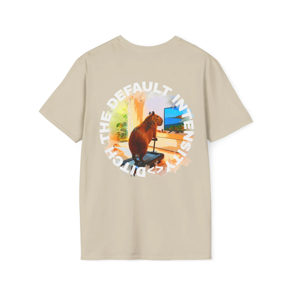 A sand t-shirt featuring a capybara on a treadmill graphic with white Ditch The Default Intensity circular text on the back.