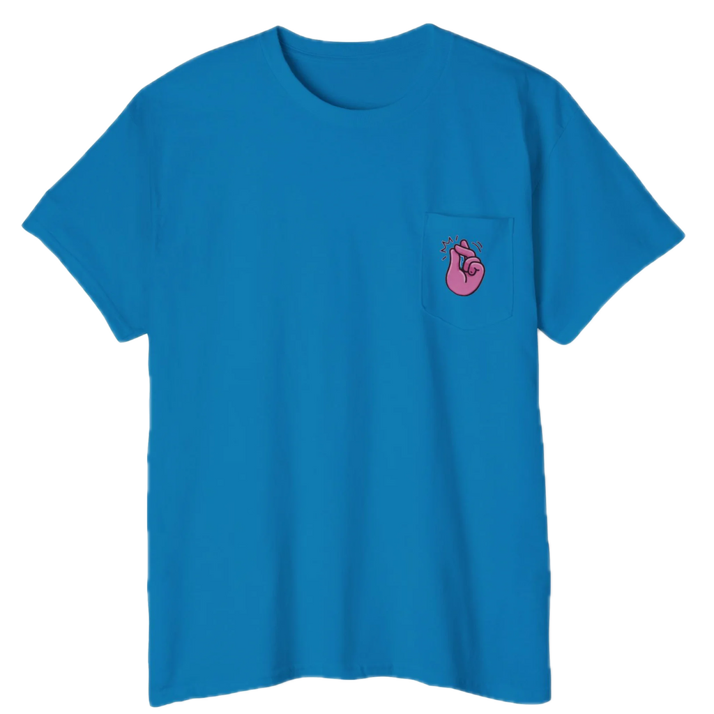A FREEBRD sapphire classic cotton pocket t-shirt with a baby pink cartoon finger-snap Clock It graphic printed on the front chest pocket.