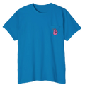 A FREEBRD sapphire classic cotton pocket t-shirt with a baby pink cartoon finger-snap Clock It graphic printed on the front chest pocket.