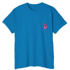 A FREEBRD sapphire classic cotton pocket t-shirt with a baby pink cartoon finger-snap Clock It graphic printed on the front chest pocket.