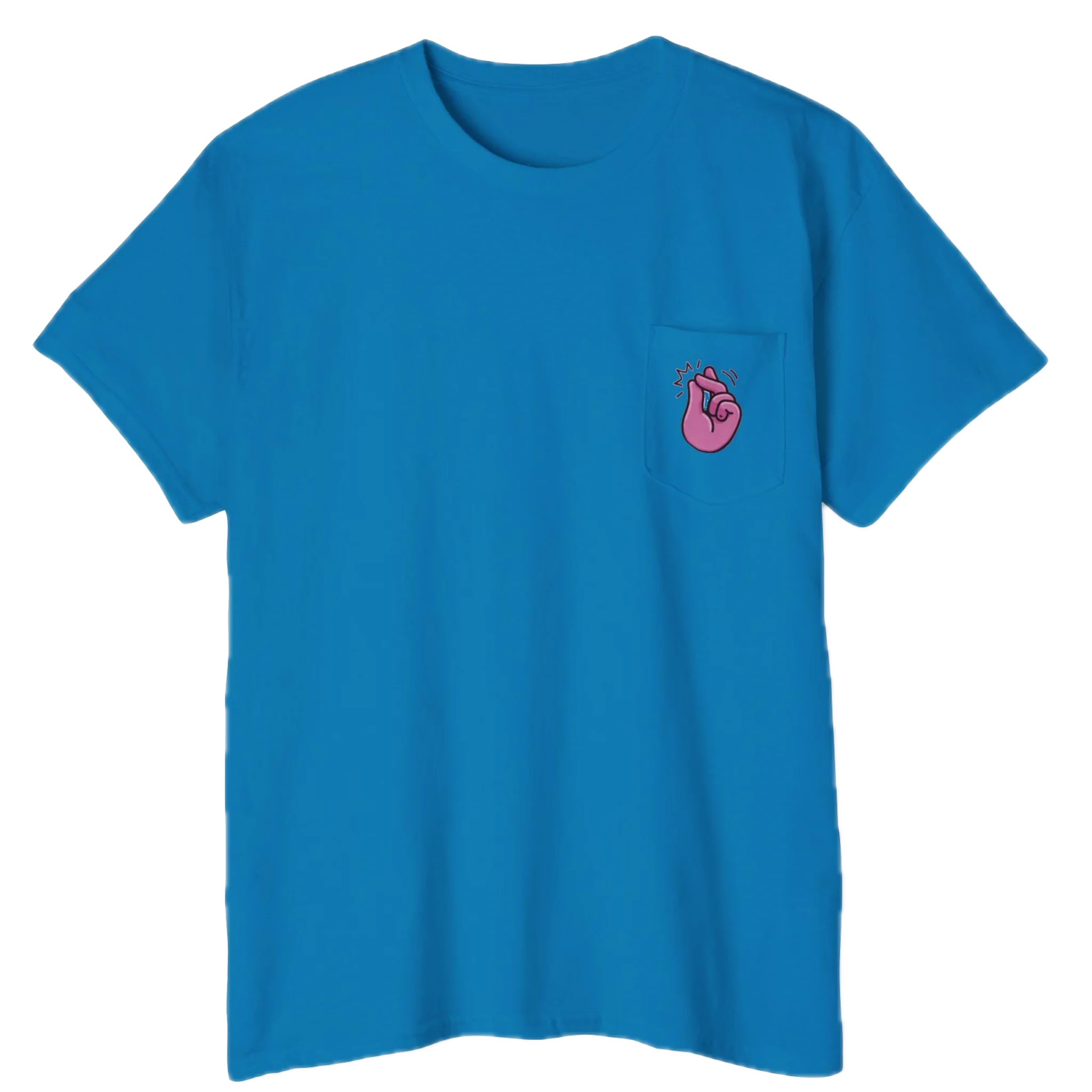 A FREEBRD sapphire classic cotton pocket t-shirt with a baby pink cartoon finger-snap 'Clock It' graphic printed on the front chest pocket.