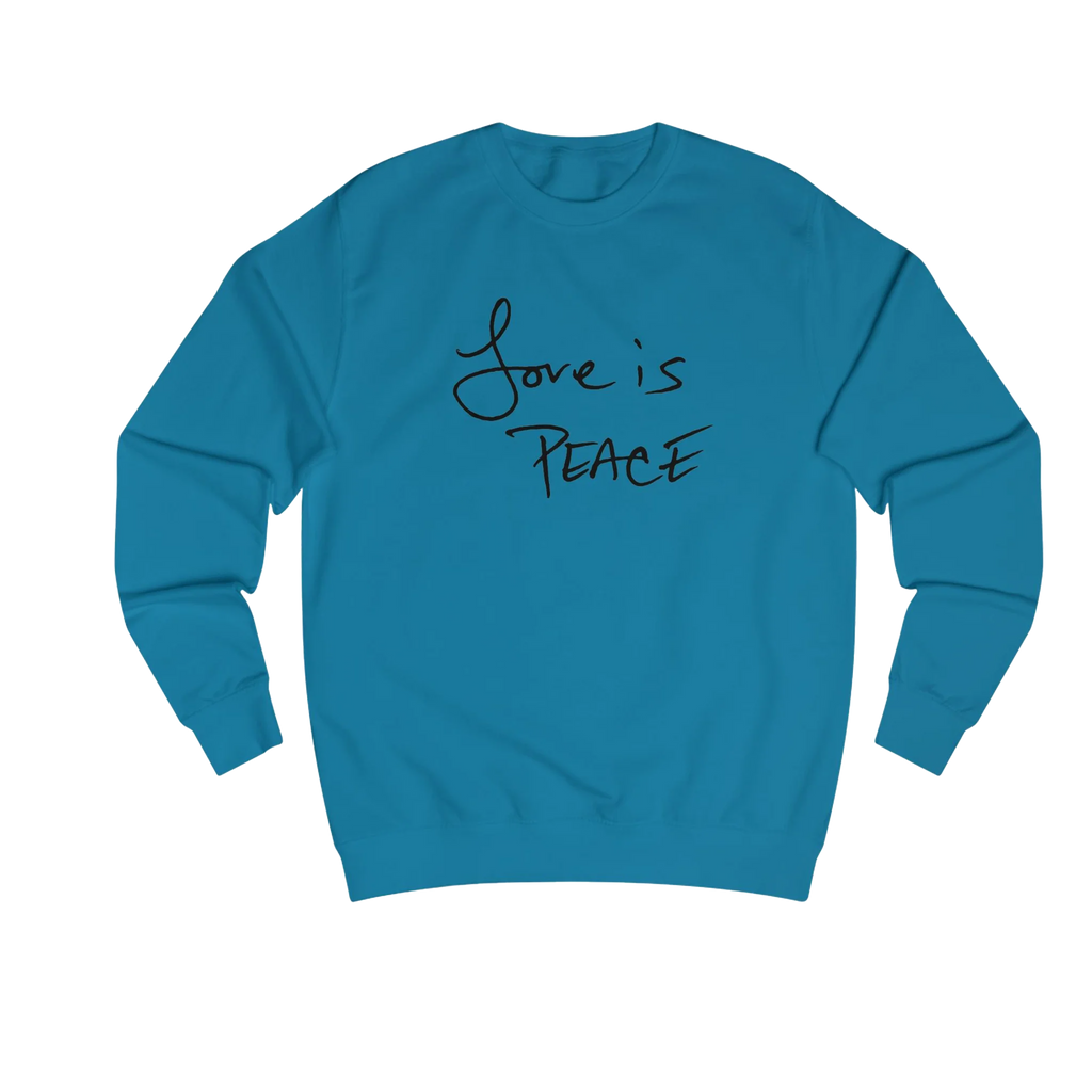 Sapphire Blue Love is Peace crewneck sweatshirt, handwritten Love is Peace graphic, crew neck, front view.