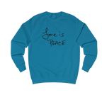 Sapphire Blue Love is Peace crewneck sweatshirt, handwritten Love is Peace graphic, crew neck, front view.