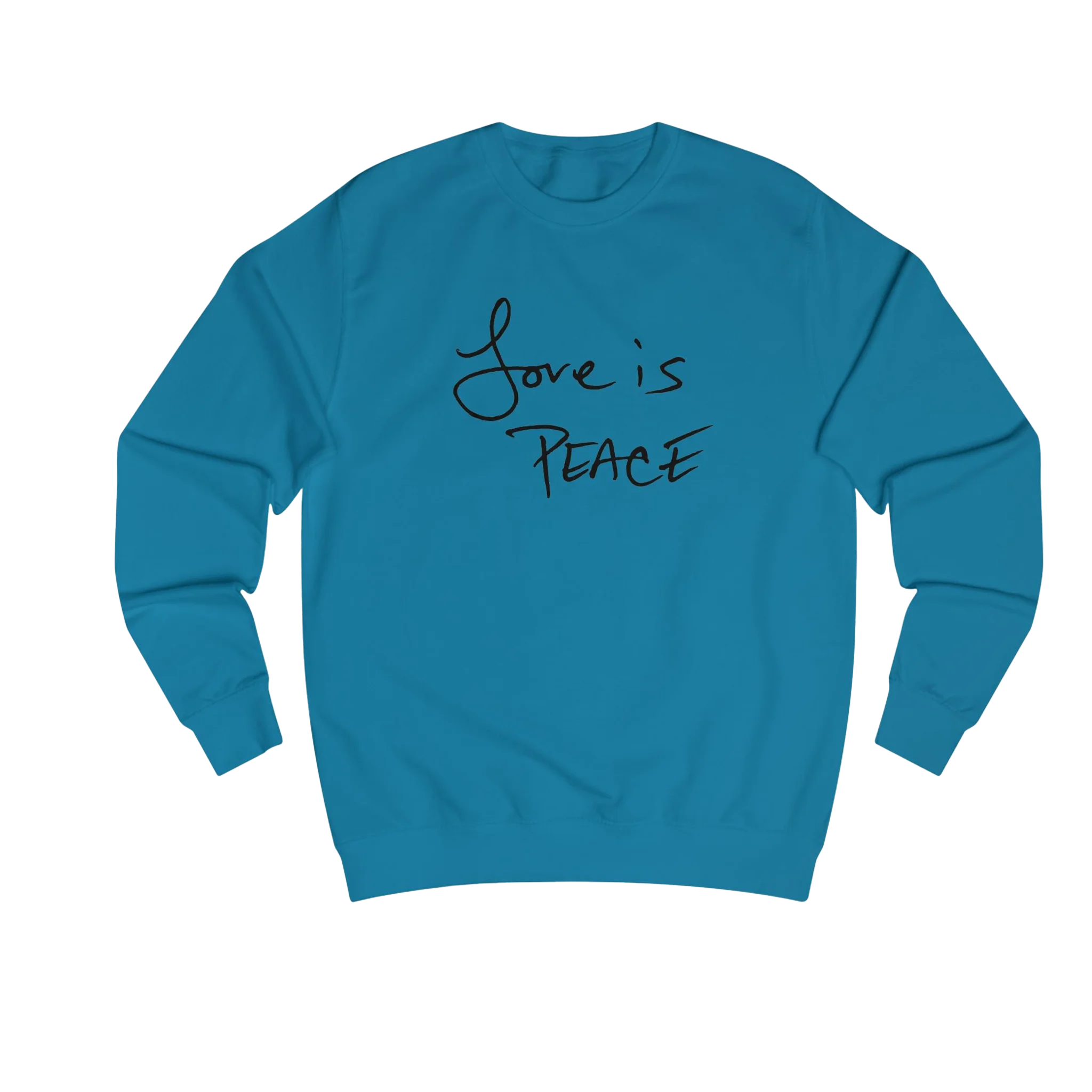 Sapphire Blue Love is Peace crewneck sweatshirt, black print, front view.
