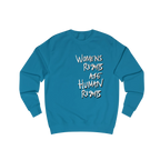 Sapphire Blue Women's Rights sweatshirt, Womens Rights Are Human Rights graphic handwritten in white text, crew neck, front view.