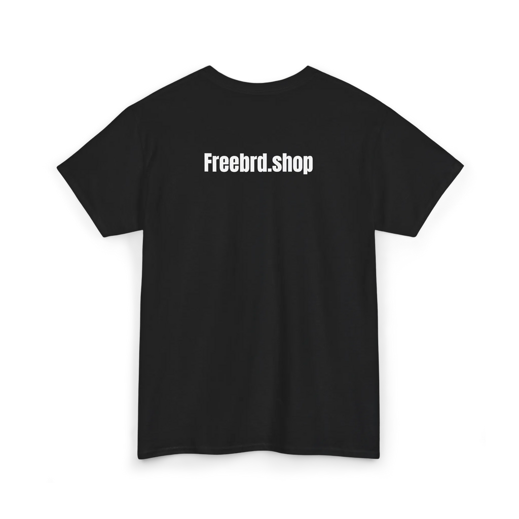 Black cotton t-shirt with white text reading Freebrd.shop printed across the upper back, back view, flat lay.