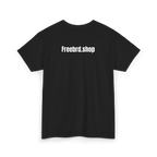Black cotton t-shirt with white text reading Freebrd.shop printed across the upper back, back view, flat lay.