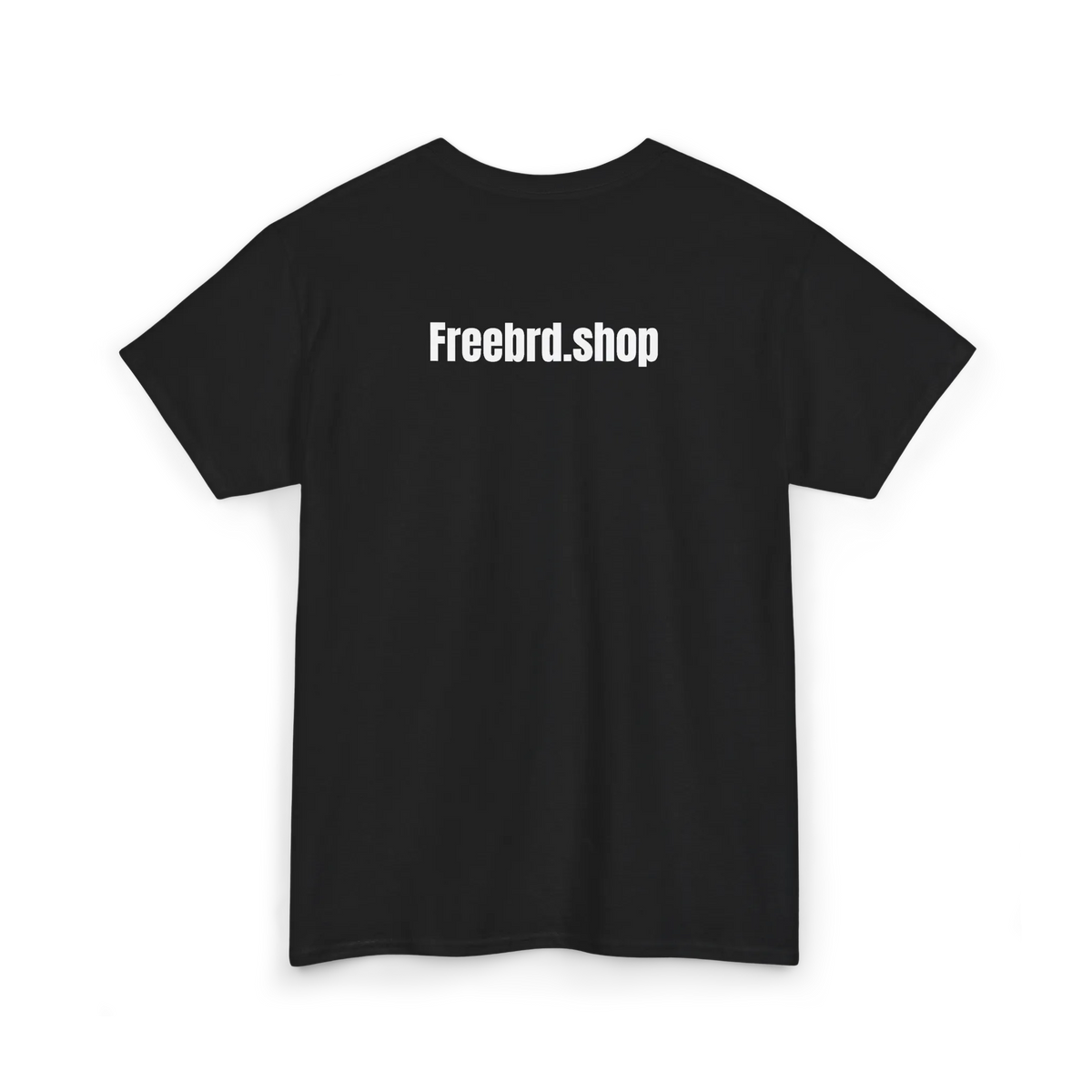 Black cotton t-shirt with white text reading Freebrd.shop printed across the upper back, back view, flat lay.