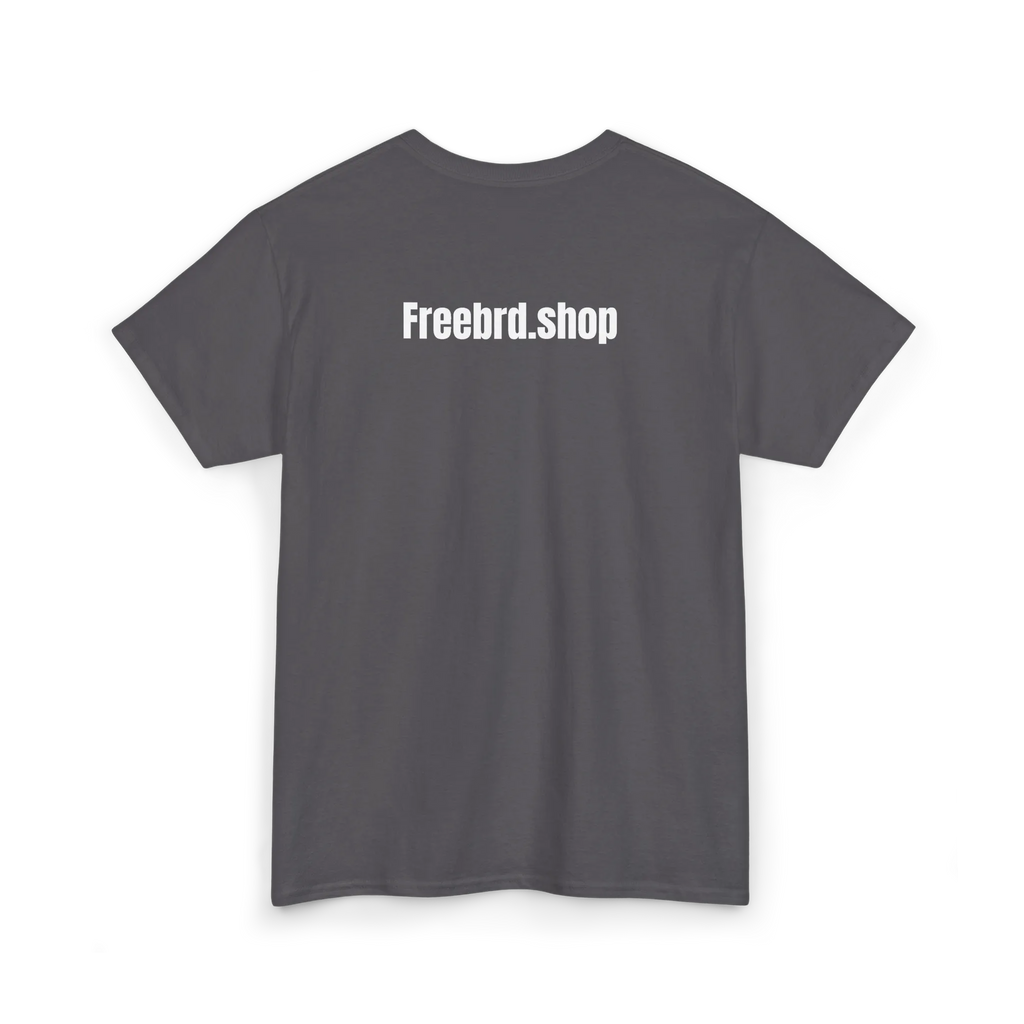 Charcoal cotton t-shirt with white text reading Freebrd.shop printed across the upper back, back view, flat lay.