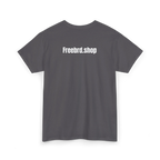 Charcoal cotton t-shirt with white text reading Freebrd.shop printed across the upper back, back view, flat lay.