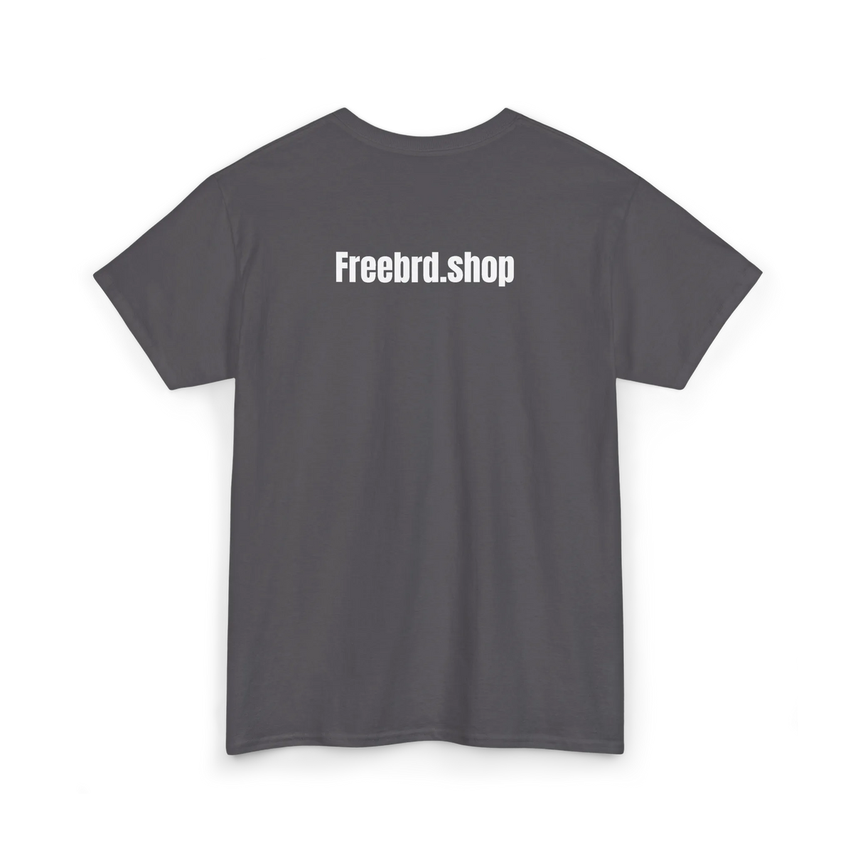 Charcoal cotton t-shirt with white text reading Freebrd.shop printed across the upper back, back view, flat lay.