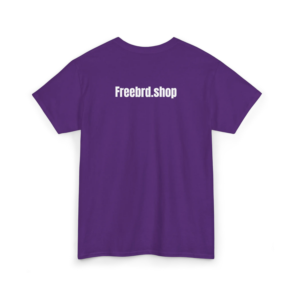 Purple cotton t-shirt with white text reading Freebrd.shop printed across the upper back, back view, flat lay.