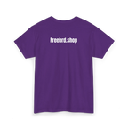 Purple cotton t-shirt with white text reading Freebrd.shop printed across the upper back, back view, flat lay.
