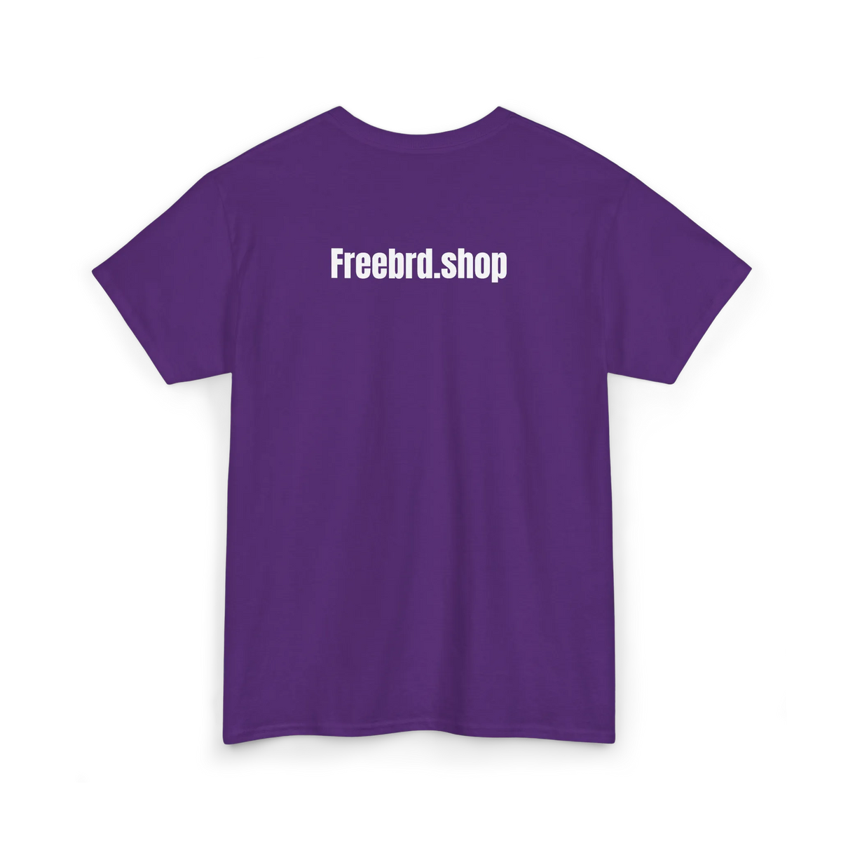 Purple cotton t-shirt with white text reading Freebrd.shop printed across the upper back, back view, flat lay.