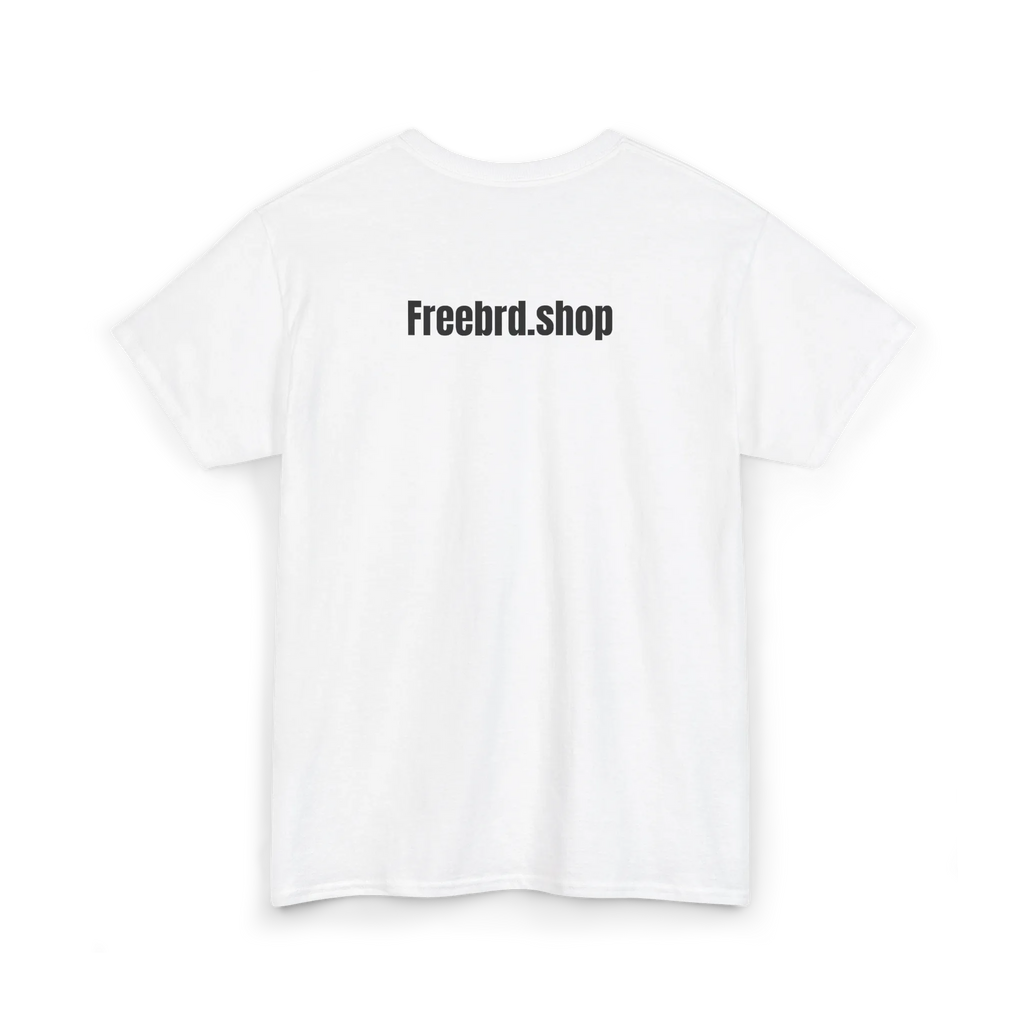 White cotton t-shirt with black text reading Freebrd.shop printed across the upper back, back view, flat lay.