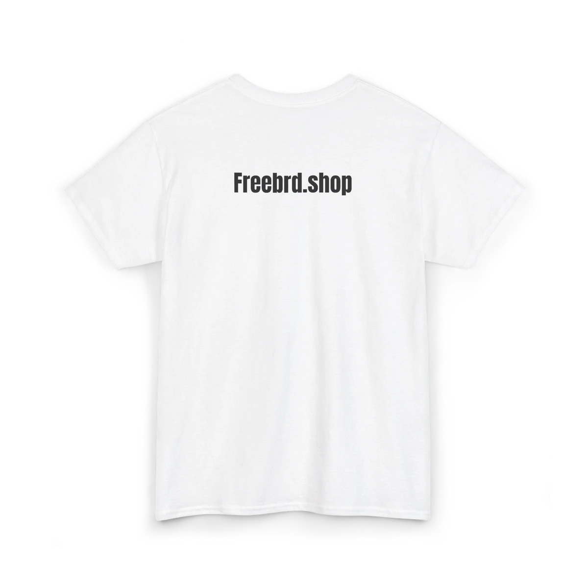 White cotton t-shirt with black text reading Freebrd.shop printed across the upper back, back view, flat lay.