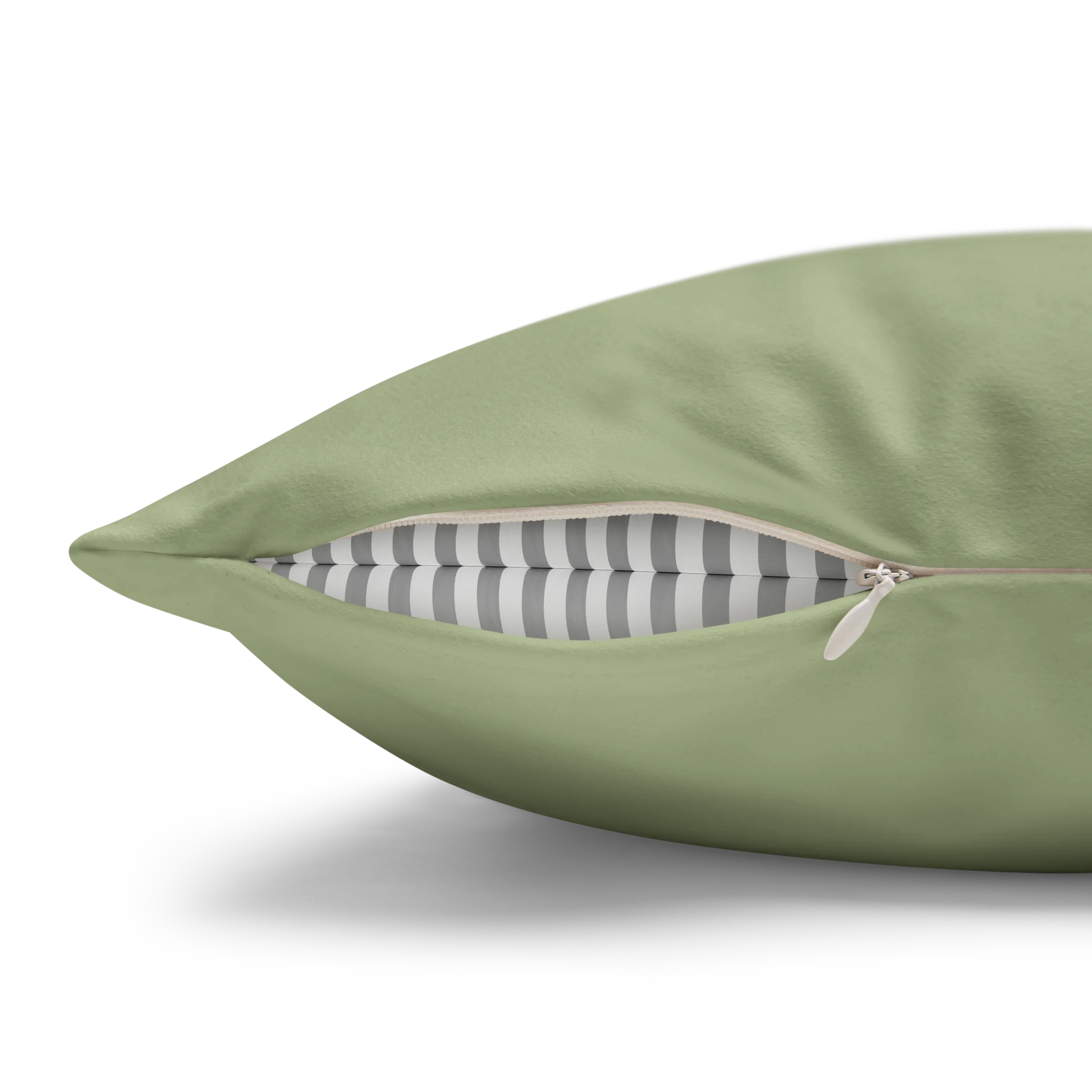 Schist Green faux suede pillowcase, zipper view.
