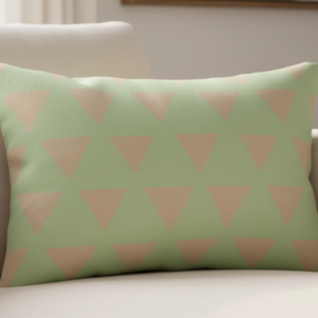 Schist Green triangle lumbar pillow styled on a couch in a modern living room.