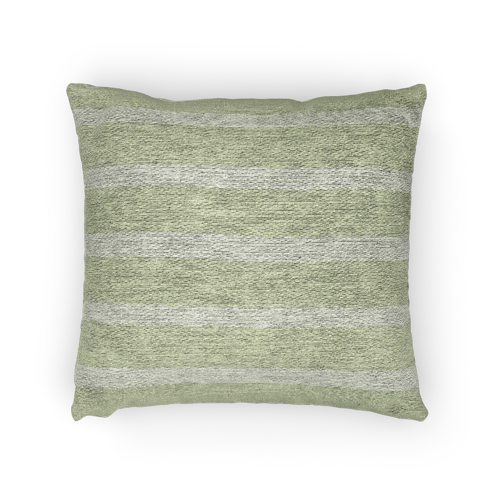 A horizontal view of the Schist Green and Off White pinstripe Woven Pillow showing a schist green background and ivory grey pinstripes.