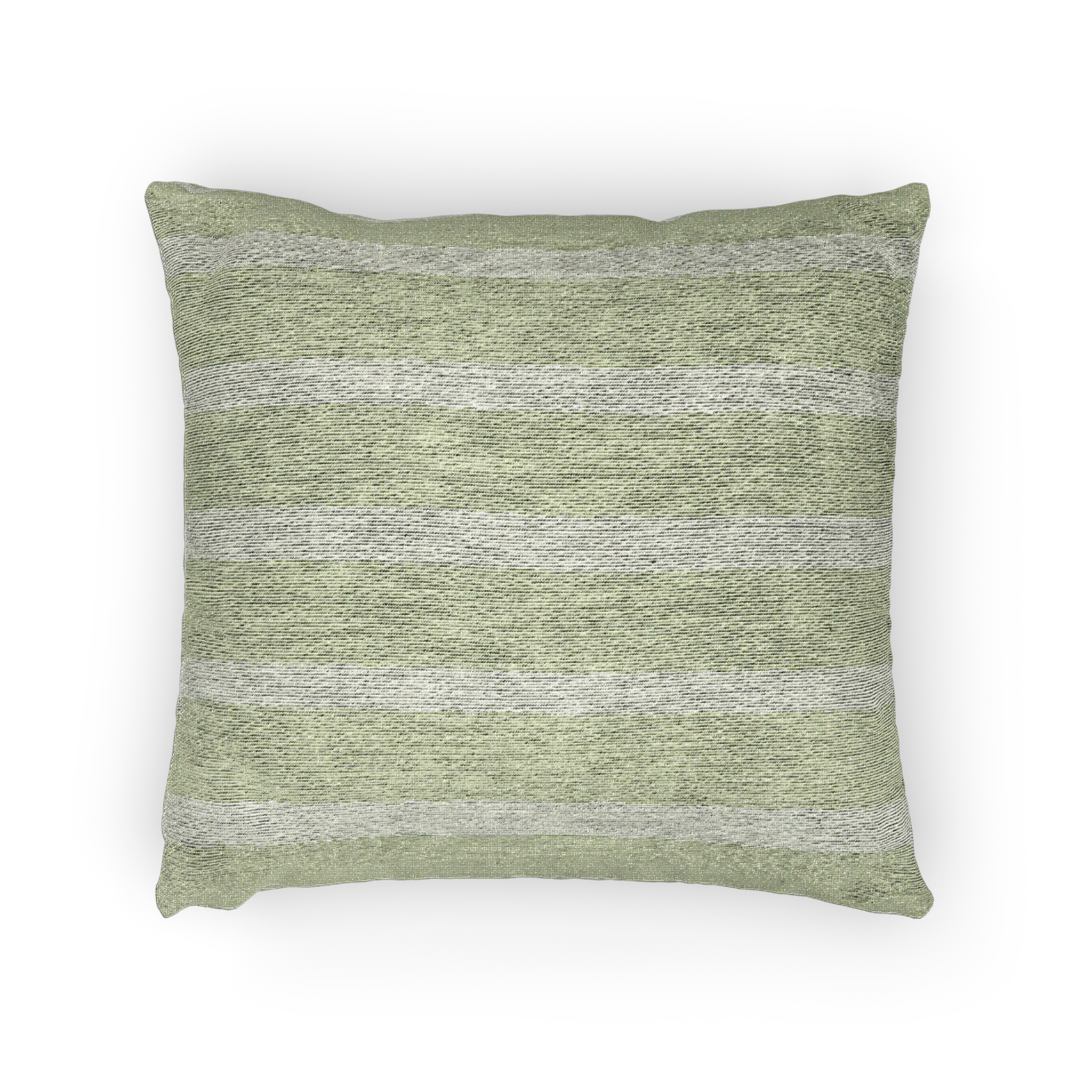 A horizontal view of the Schist Green and Off White pinstripe Woven Pillow showing a schist green background and ivory grey pinstripes.