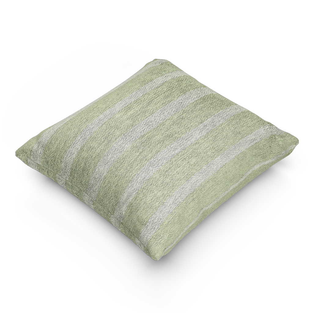 A side view of the Schist Green and Off White pinstripe Woven Pillow showing a schist green background and ivory grey pinstripes.