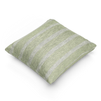 A side view of the Schist Green and Off White pinstripe Woven Pillow showing a schist green background and ivory grey pinstripes.