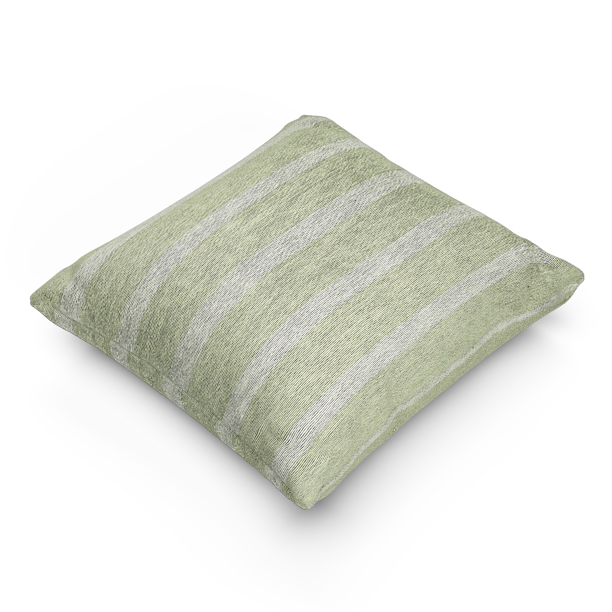 A side view of the Schist Green and Off White pinstripe Woven Pillow showing a schist green background and ivory grey pinstripes.