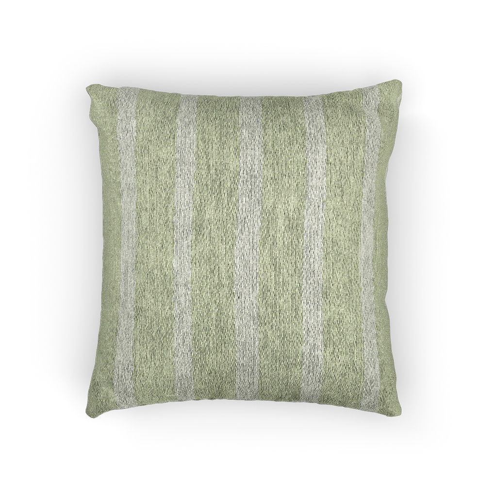 A front view of the Schist Green and Off White pinstripe Woven Pillow showing a schist green background and ivory grey pinstripes.