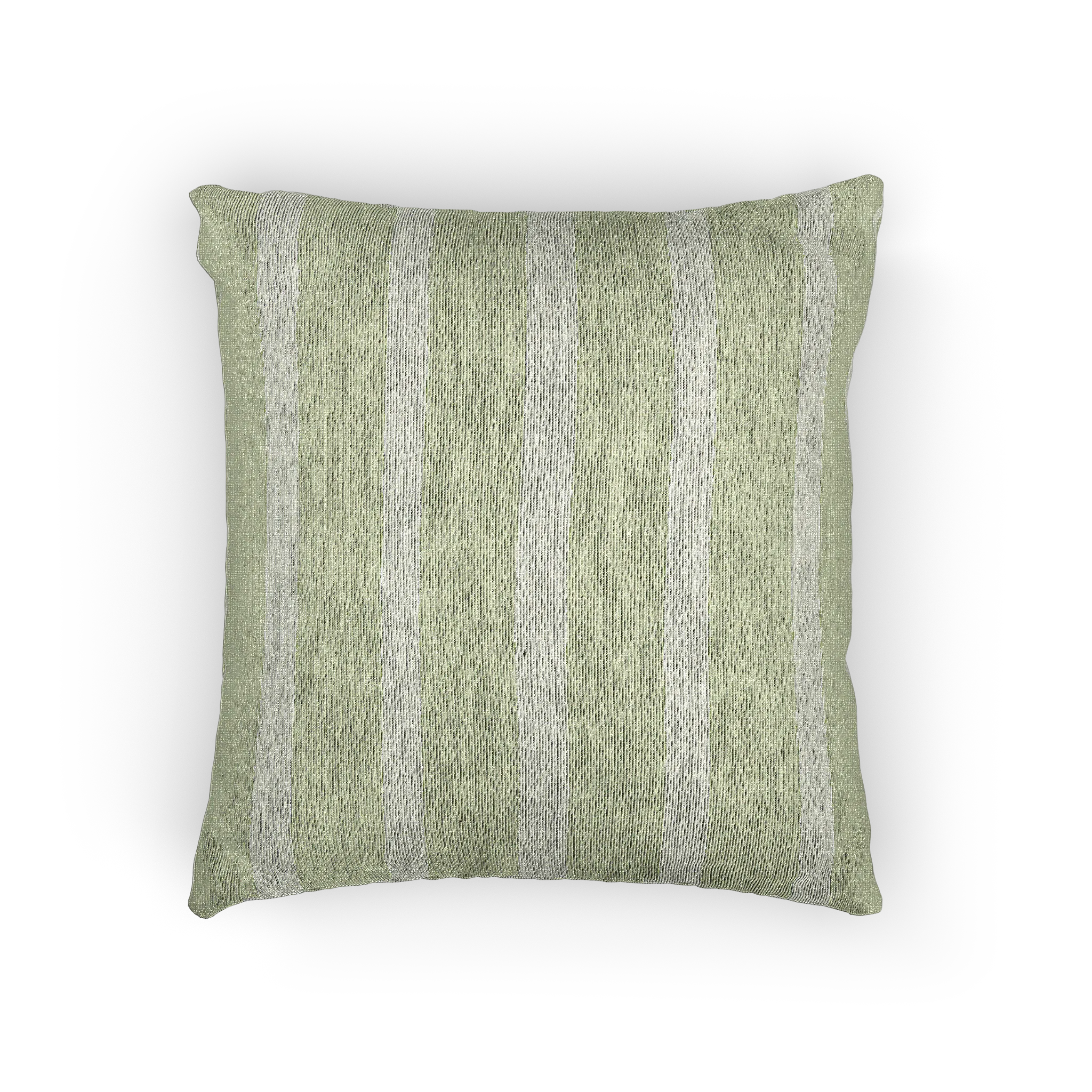 A front view of the Schist Green and Off White pinstripe Woven Pillow showing a schist green background and ivory grey pinstripes.