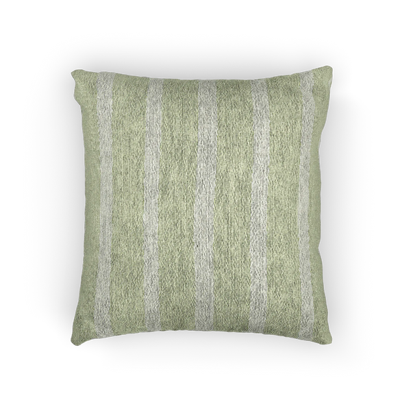 A front view of the Schist Green and Off White pinstripe Woven Pillow showing a schist green background and ivory grey pinstripes.