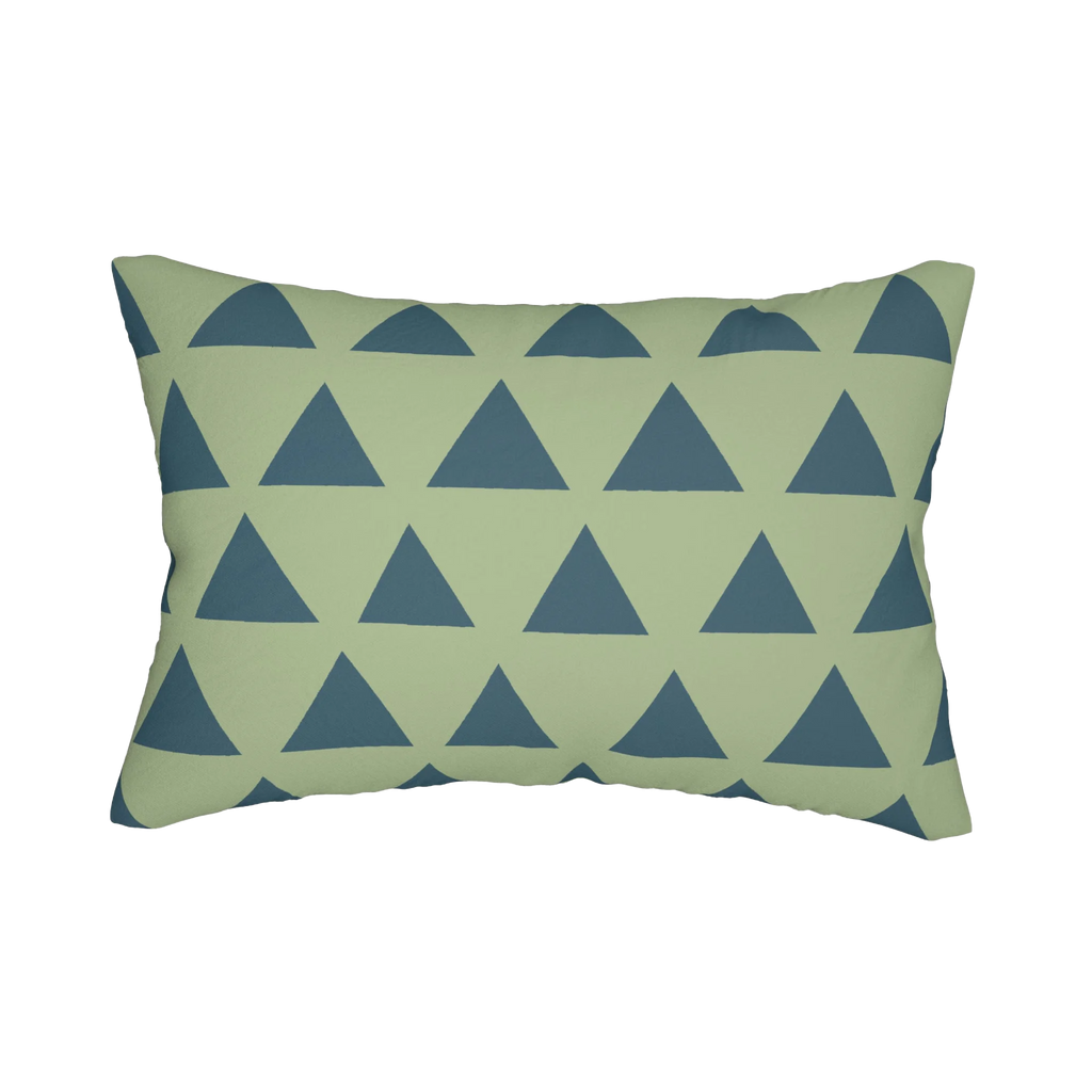 Schist green teal geometric triangle lumbar pillow, back view.