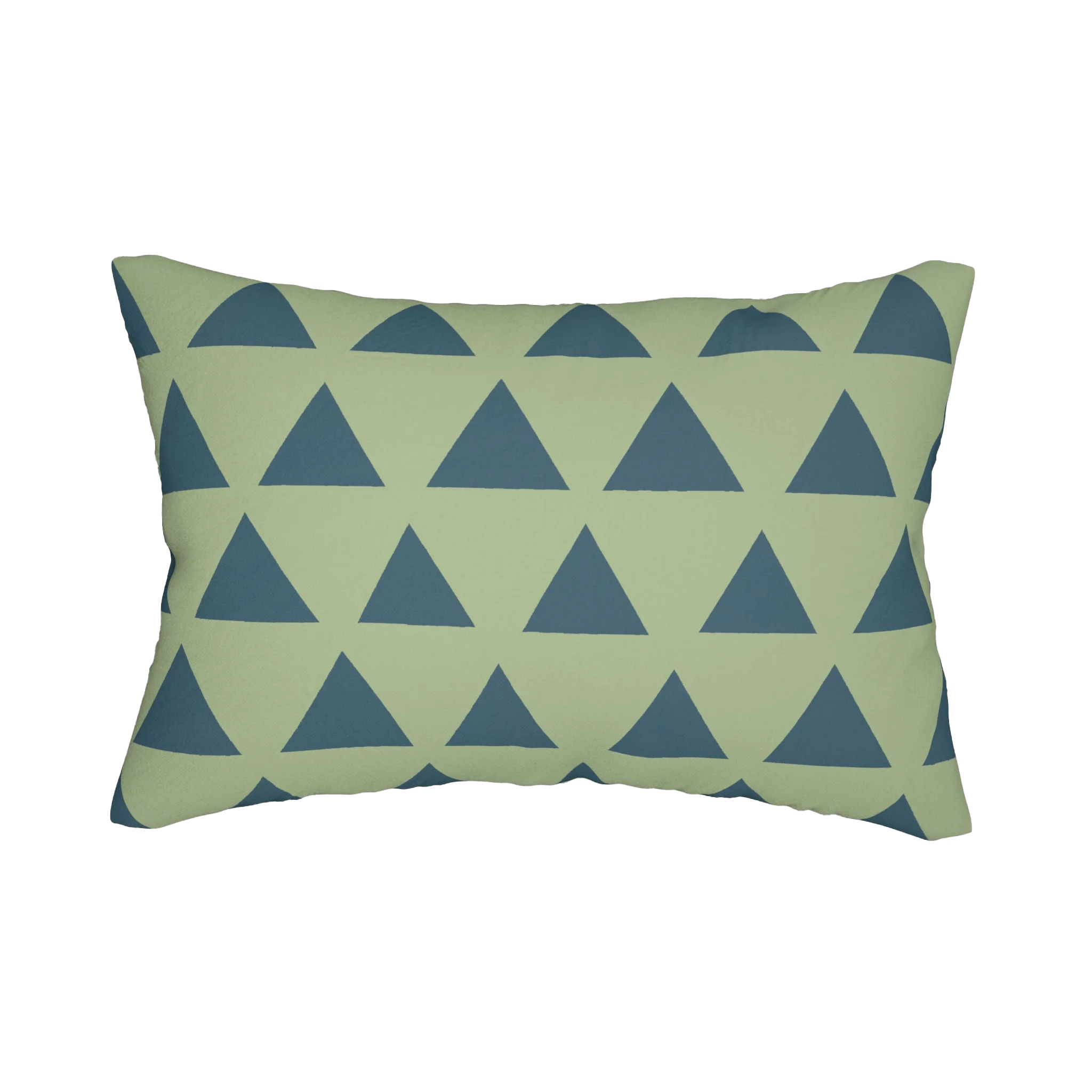 Schist green teal geometric triangle lumbar pillow, back view.