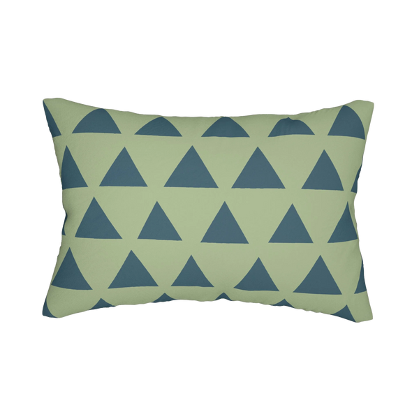 Schist green teal geometric triangle lumbar pillow, front view.