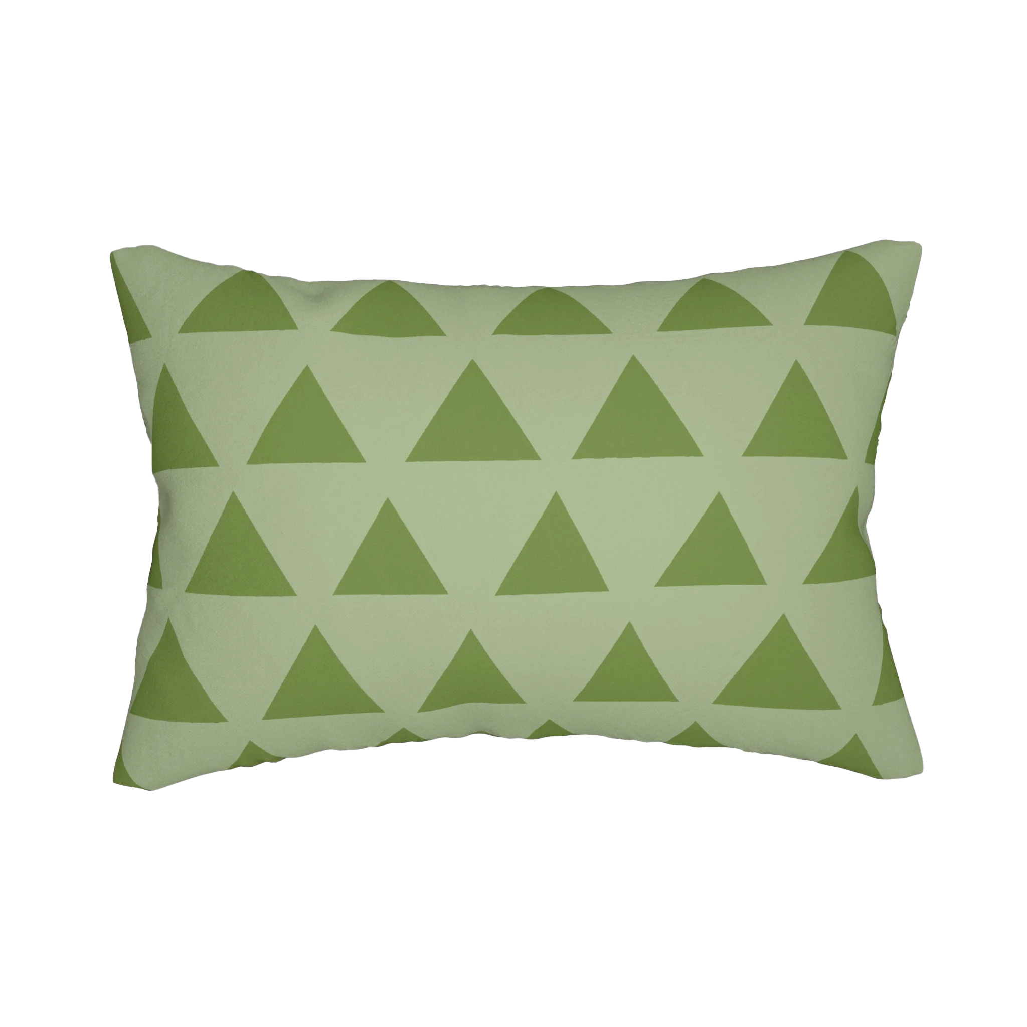 Schist olive green geometric triangle lumbar pillow, back view.