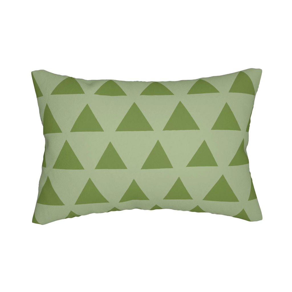 Schist olive green geometric triangle lumbar pillow, front view.